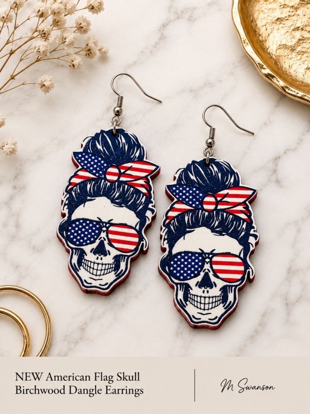 NEW American Flag Skull Birchwood Dangle Earrings Patriotic Western NWT
